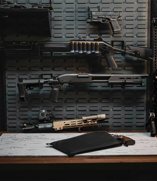 gun wall showing off custom weapons